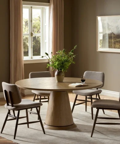 Elegant dining room furniture display with round table and upholstered chairs.