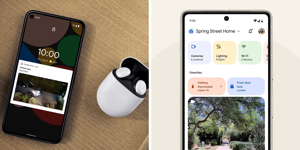 On the left is a smartphone displaying a security camera notification about vehicle detection next to a set of earbuds, on the right is the app interface for a security camera displaying camera, lighting, wi-fi, thermostat and door lock controls