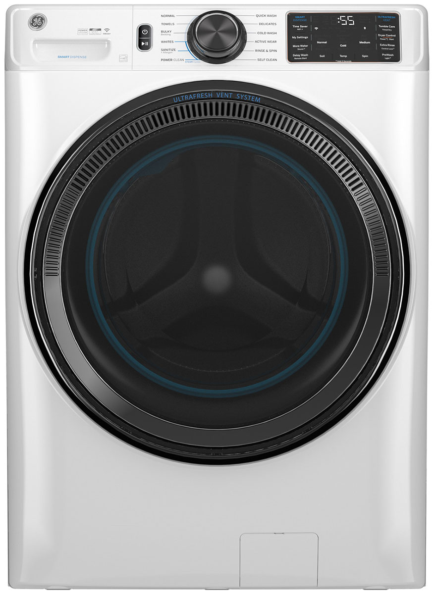 Front view of GE Washer in White.