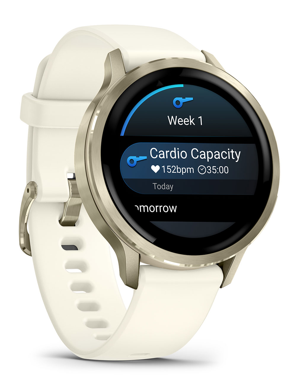 Front Angled Right View of Garmin Watch With Cardio Features on Screen