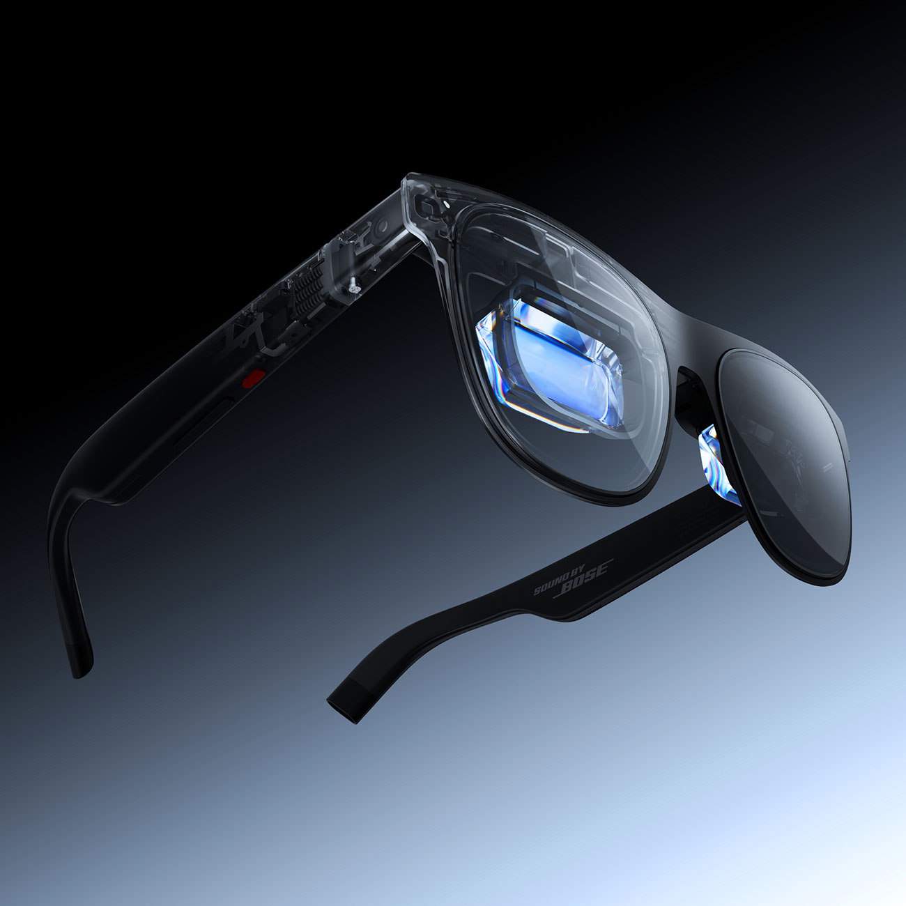 Bottom Left View of XREAL AR Glasses with Colored Blackground
