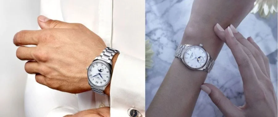 A man on the left and a woman on the right. These are two seperate images of them fixing stylish watches to their wrists. The man is wearing a nice white shirt'
