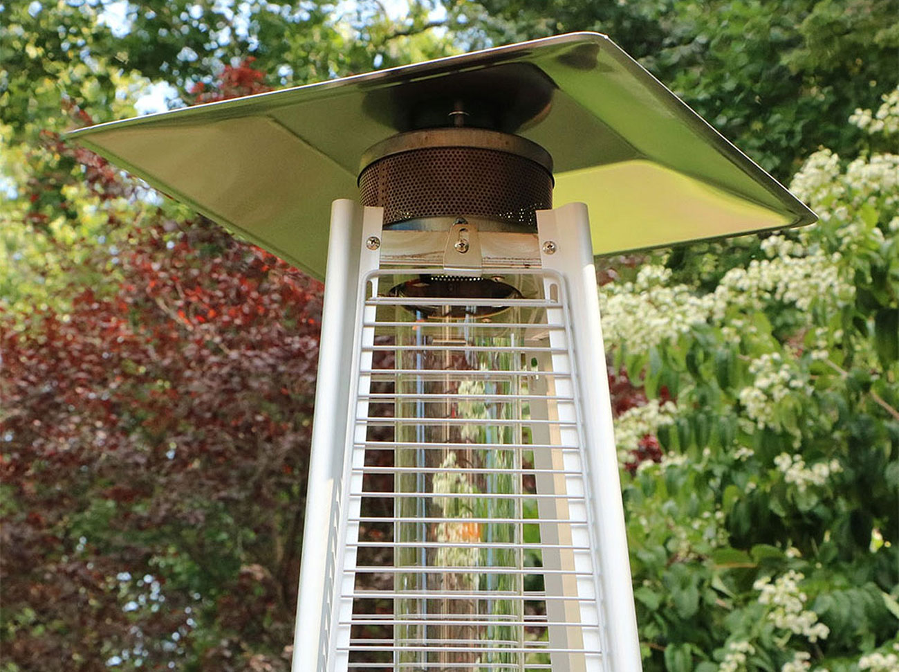 Close view of top half of patio heater outside