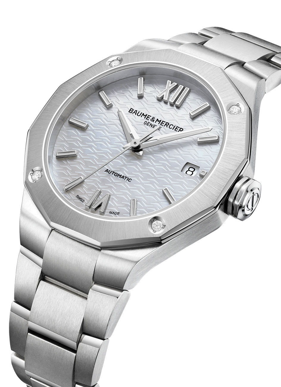 Angled View of the Baume & Mercier Riviera Automatic White MOP Dial SS Bracelet Watch