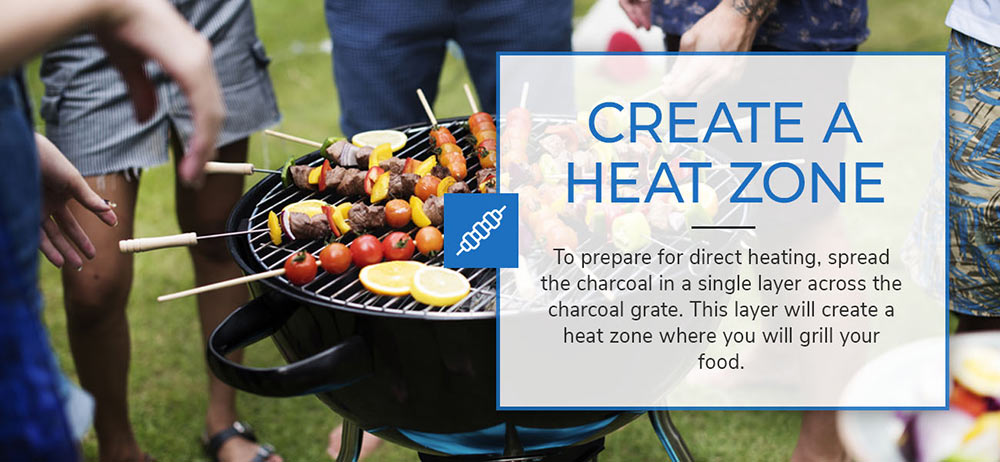 Create a Heat Zone - To prepare for direct heating, spread the charcoal in a single layer across the charcoal grate. This layer will create a heat zone where you will grill your food.