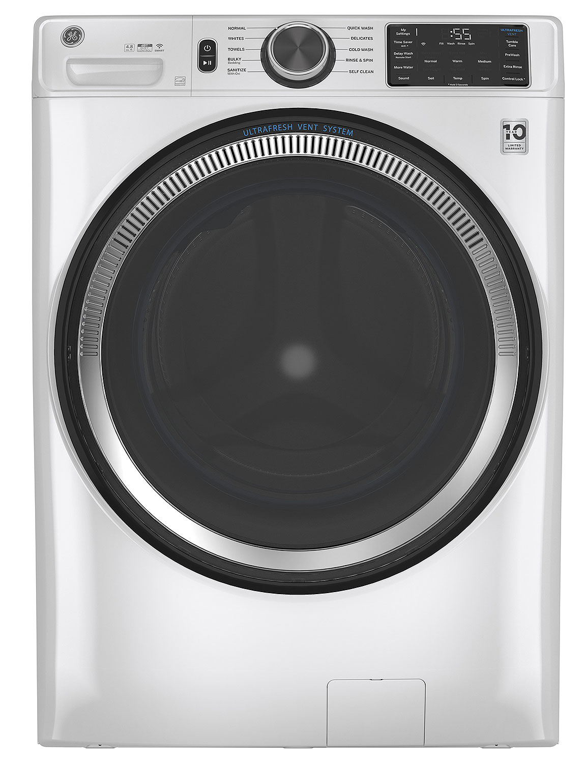 Front view of GE Washer in White.