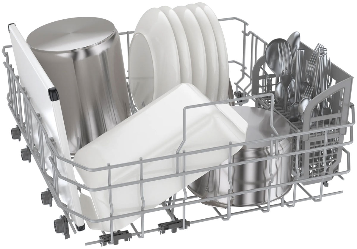 Close-up view of bottom rack with plates, pot and utensils inside.