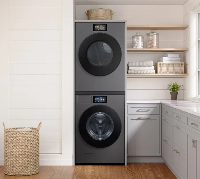 Front load washer and dryer in a laundry room