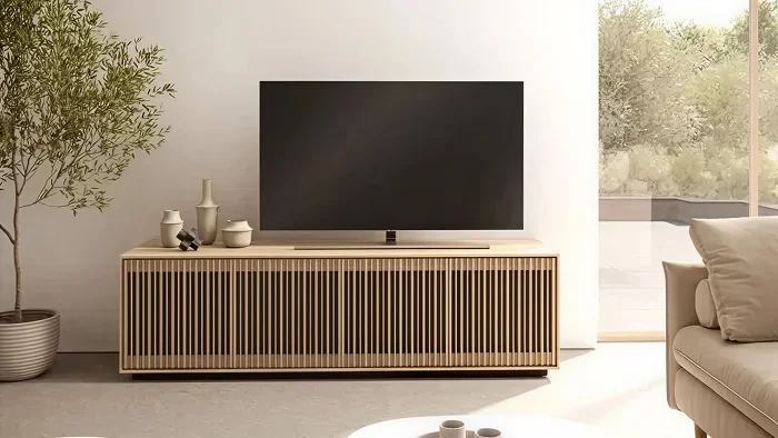 Wooden Slatted TV Stand in a modern aesthetic