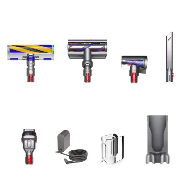 Aerial view of Dyson V15 vacuum attachments.