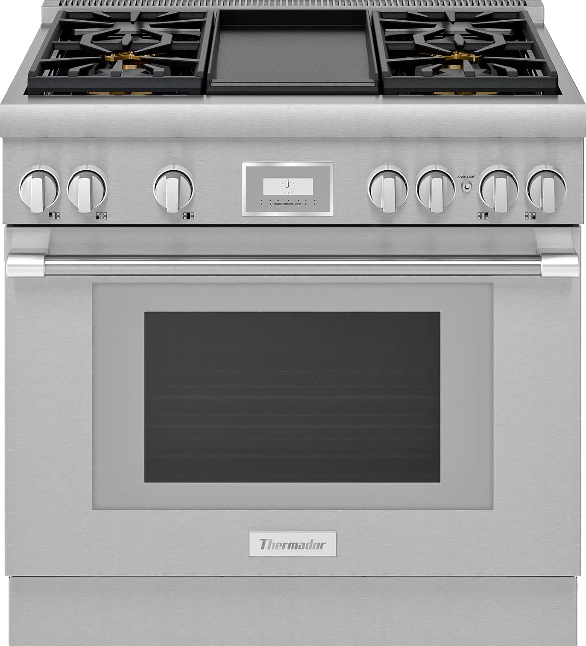 Front view of stainless steel dual fuel range closed