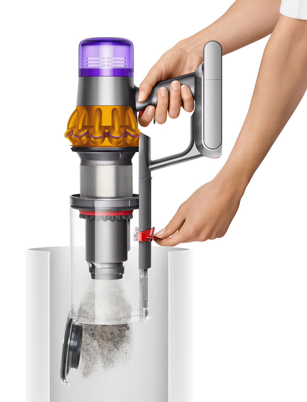 Woman Emptying Main Vacuum Container into a Dyson V15 Cordless Handheld Vacuum
