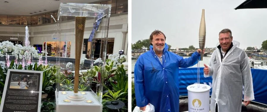 Two photos: on the left is a photo of a torch from London's 2012 Olympics carried across the UK in part by Mike Abt. On the right is Mike Abt lifting the Torch once more in Paris, alongside Phil Hannon