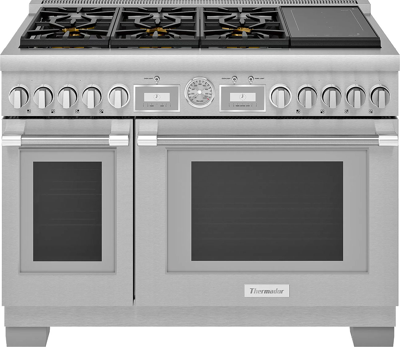 Front view of double oven range closed