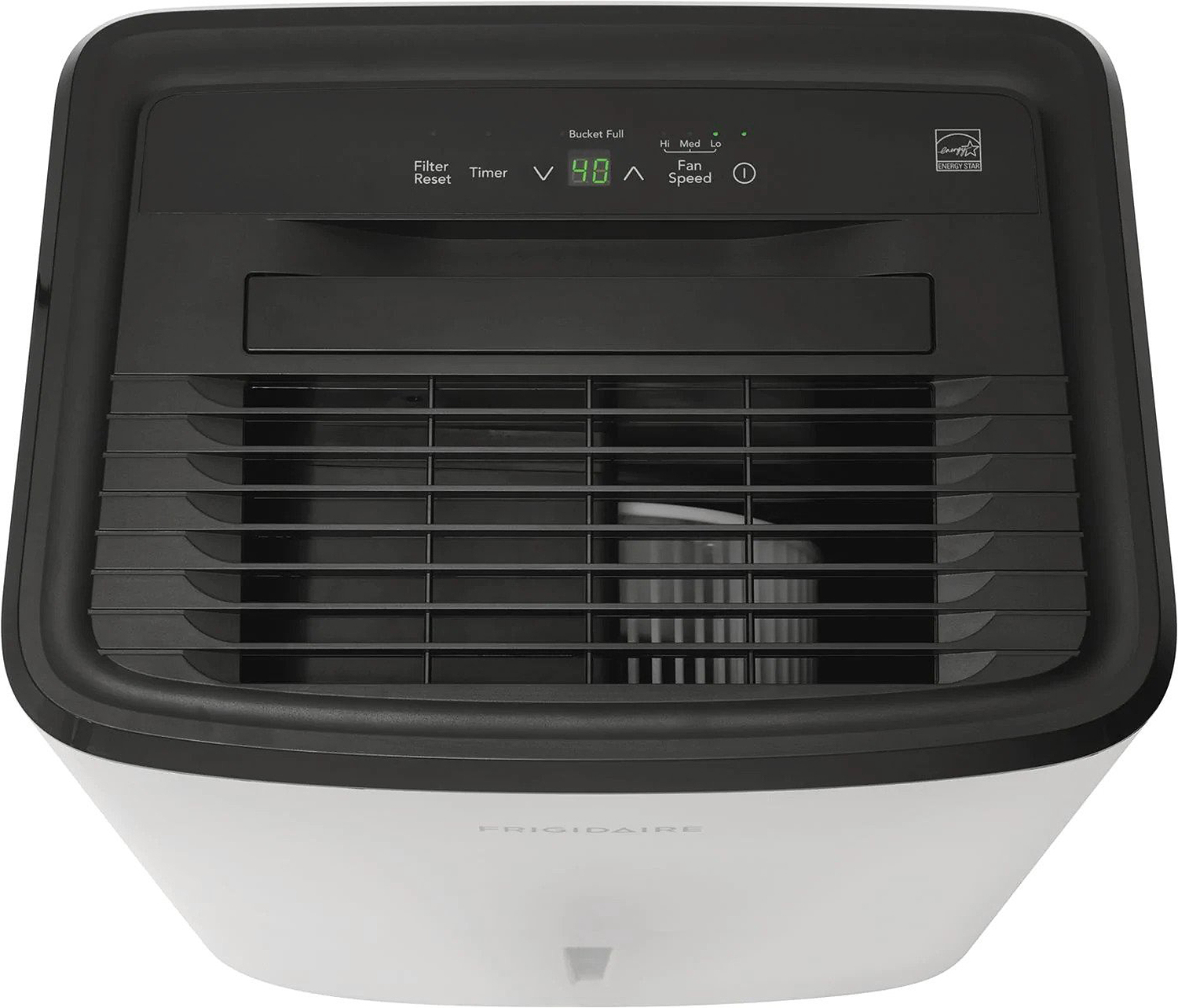 Overhead of Temperature Controls on a White 35 Pint Dehumidifier from Frigidaire