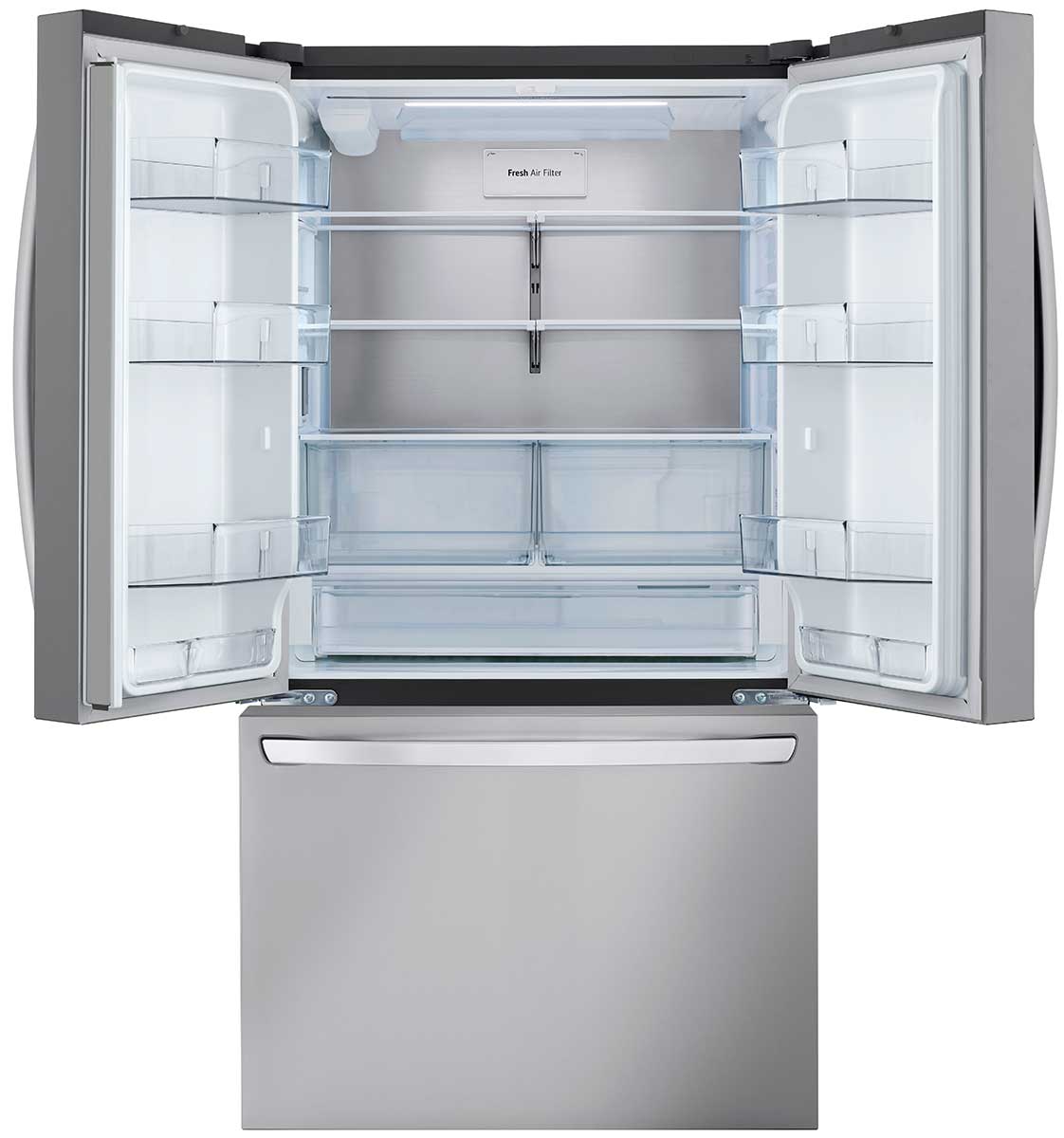 Open upper doors and freezer with nothing inside.