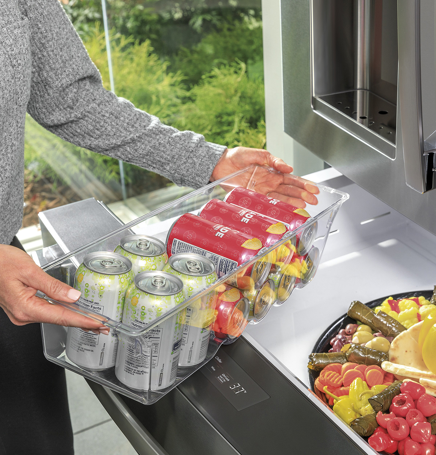 Freezer drawer with beverage bin and salad.