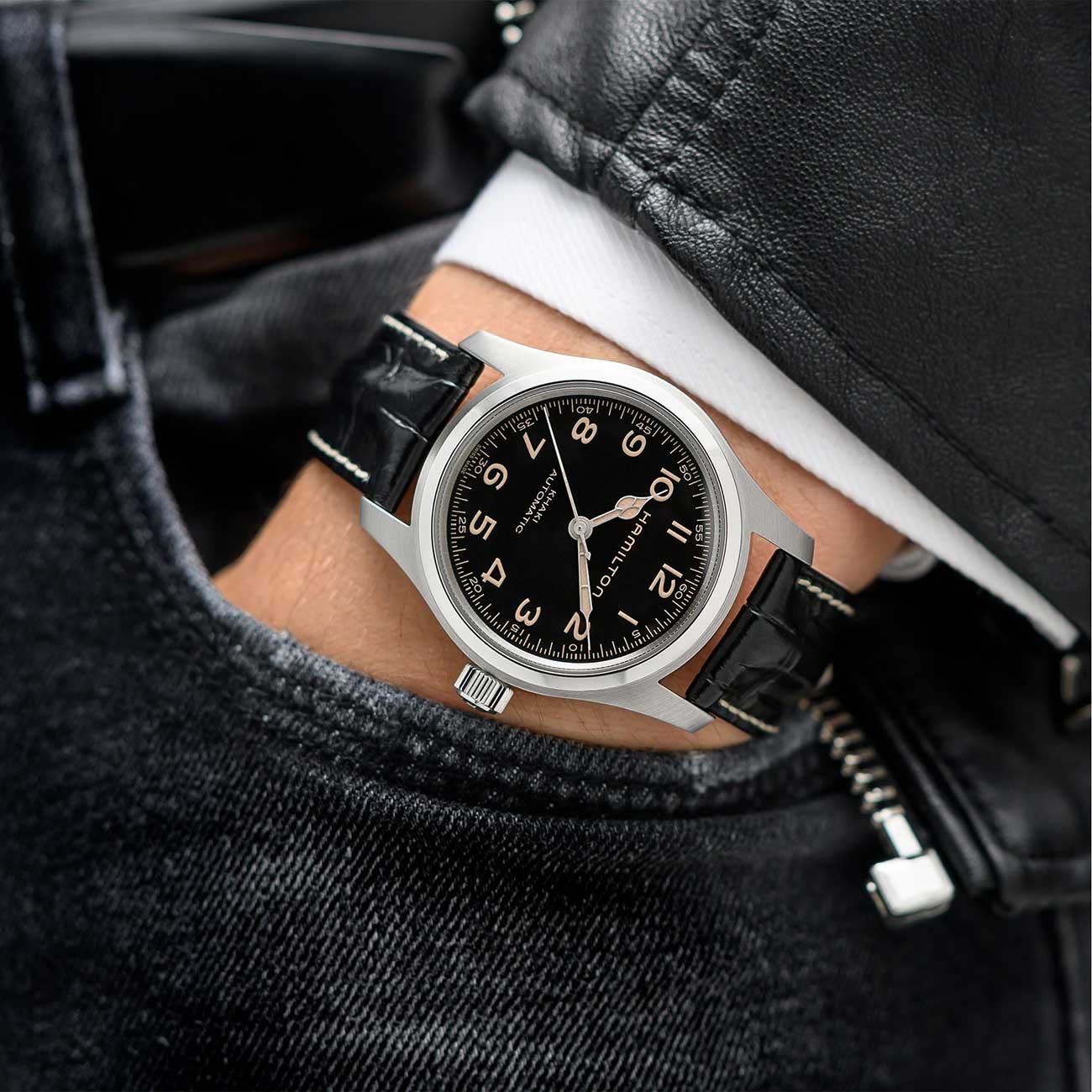 View of Hamilton Watch on model's wrist