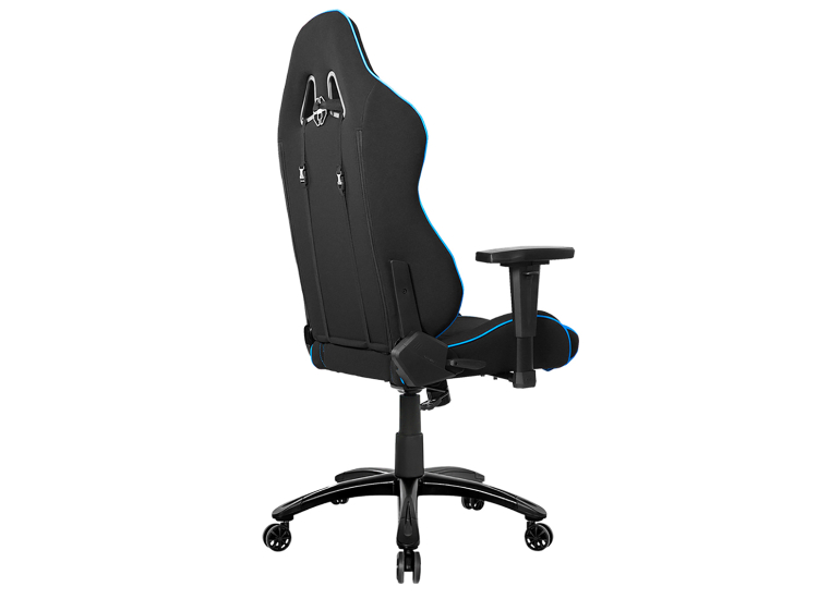 Back view of black and blue AKRACING gaming chair showing harness-like back support and adjustable arms.