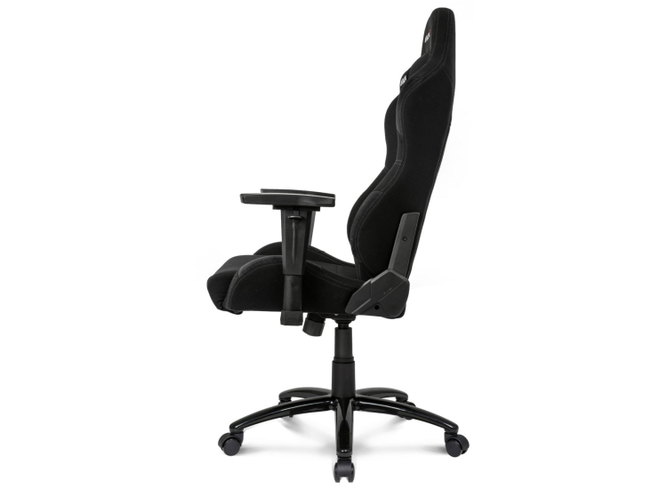 Front/right three-quarter view of gaming chair on base with caster wheels.