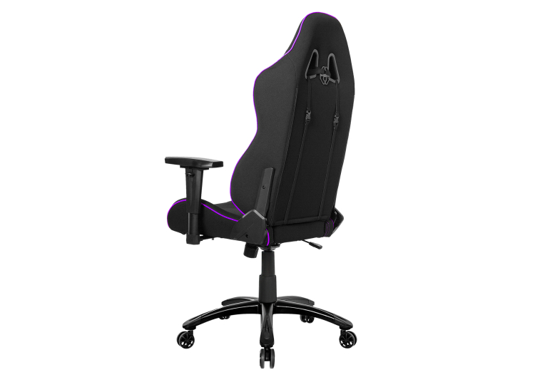 Front-left angle of purple and black gaming chair with armrests and base