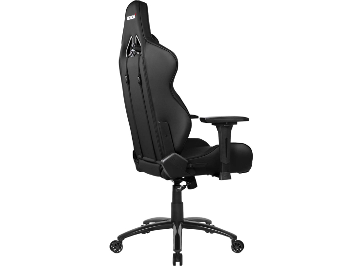Full chair with built-in headrest and leg support in black, branding visible.