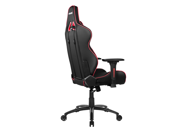 Rear view highlighting chair silhouette, straps, and stitching on red-edged seat.