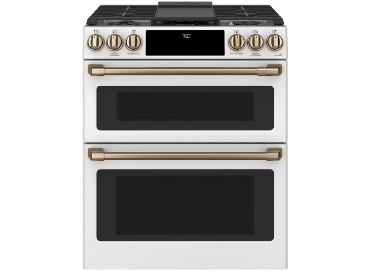 Cafe ADA 30 In. Matte White With Brushed Bronze Smart Slide-In Double Oven Gas Range With Convection - CGS750P4MW2
