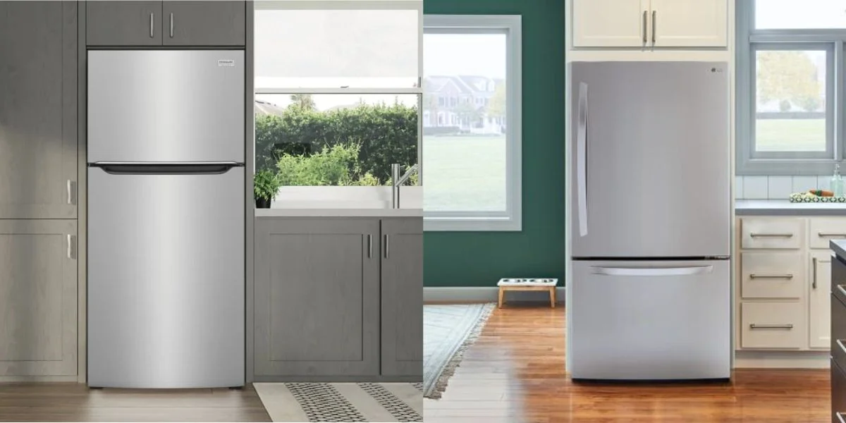 Side-by-side images of a stainless steel top freezer refrigerator in a kitchen with wood cabinets and a stainless steel bottom freezer refrigerator in a kitchen with white oak cabinets.