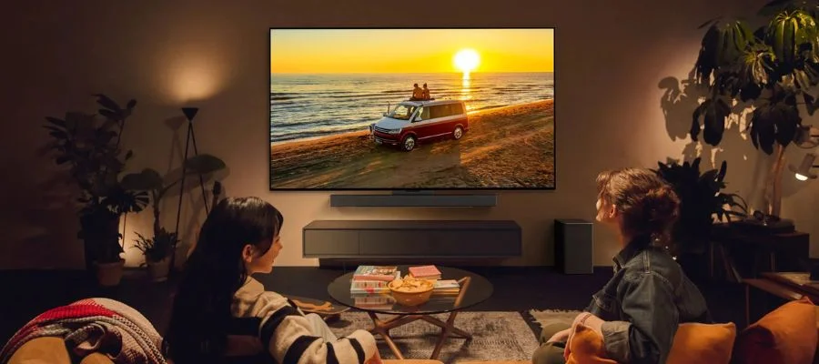 Two people sitting on the sofa watching TV mounted on the wall