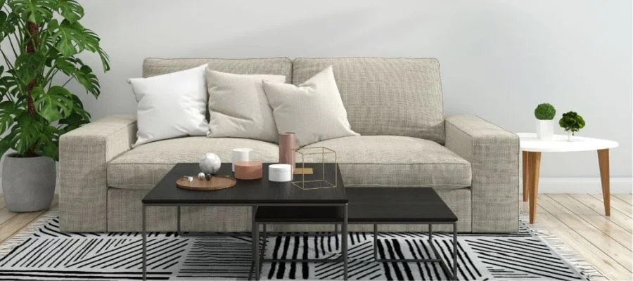 A living room sofa and coffee table collection with an oversized black and white rug beneath