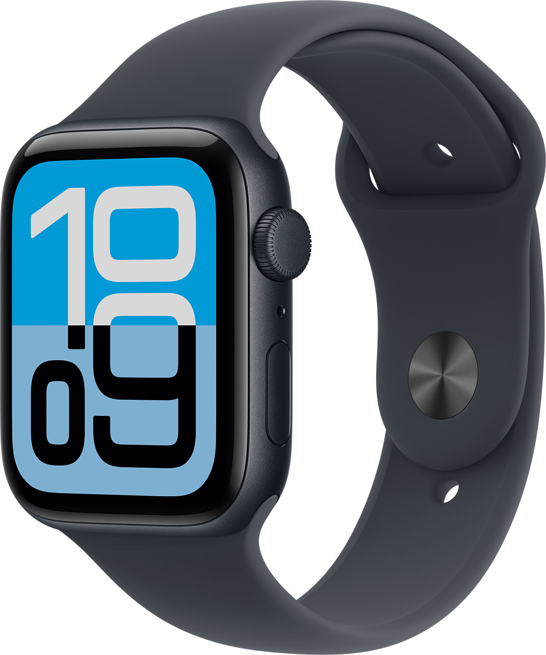 Angled view of Apple Watch SE 3 GPS & Cell 44mm in Midnight with M/L Band