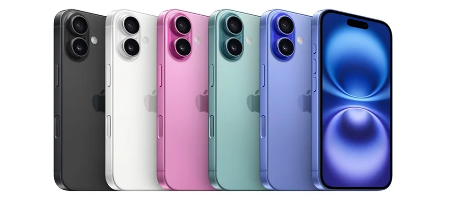 Side view of iPhone 16 in black, white, pink, teal and blue