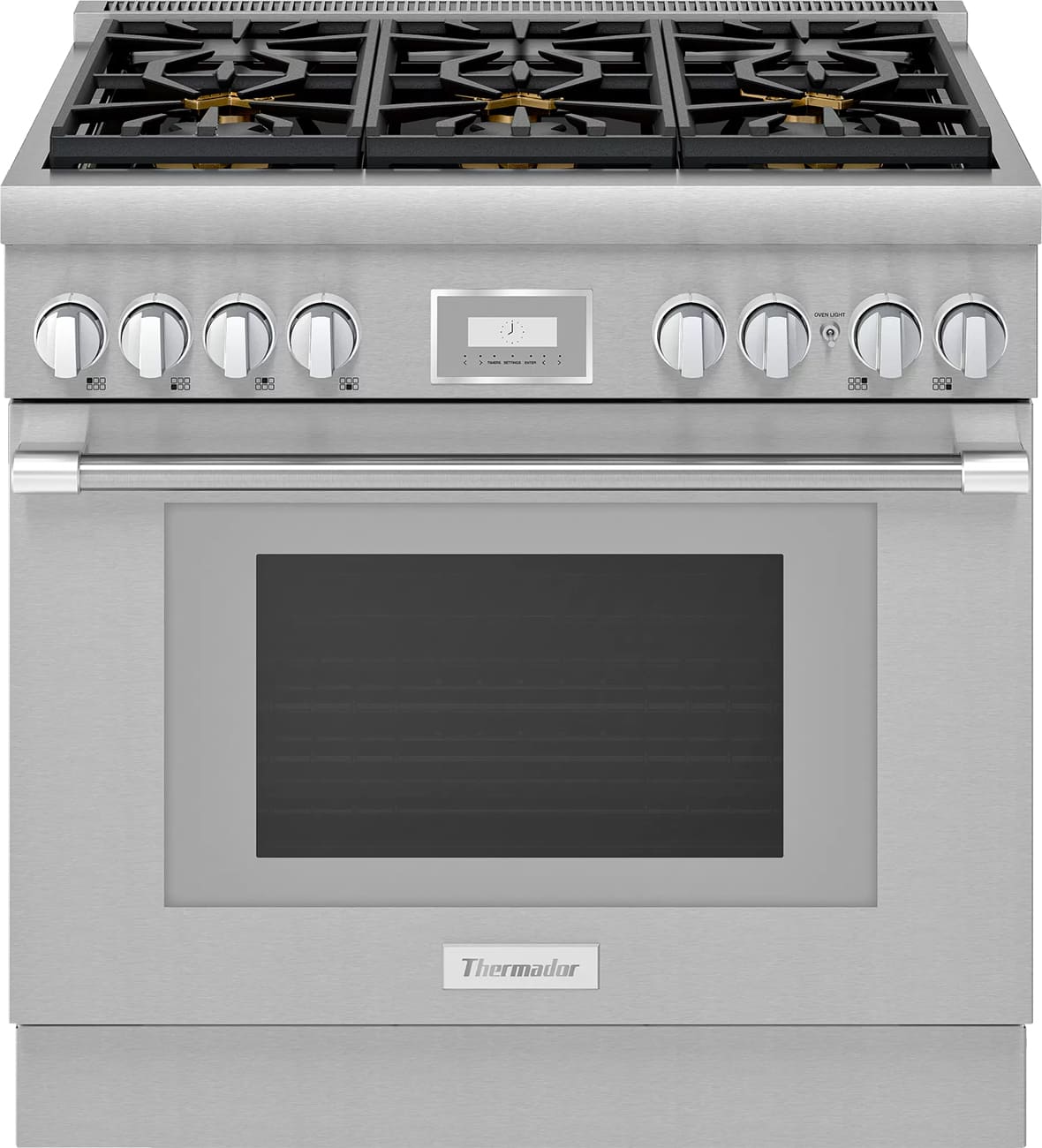 Front view of stainless steel dual fuel range closed