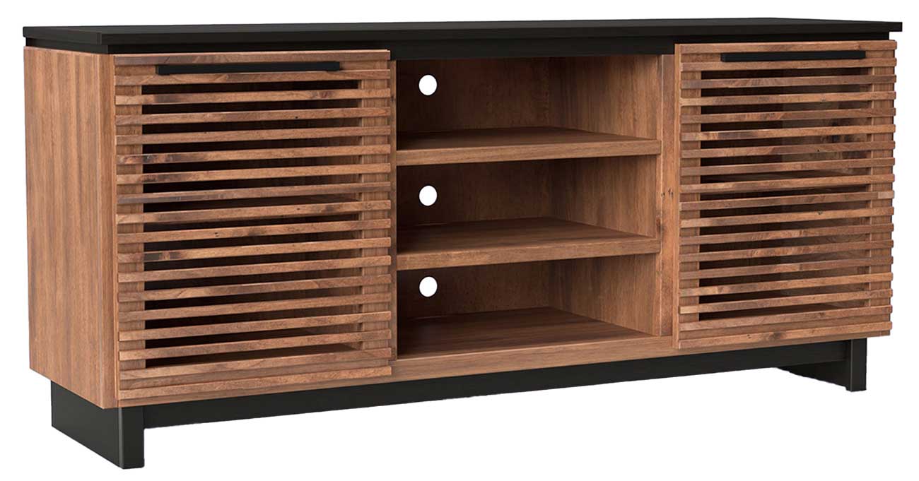 Angled view of Legends Furniture Graceland TV Stand in Black and Bourbon