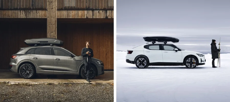 On the left is a man standing by his car with a black Thule cargo carrier on it. On the right is a woman standing with skis in a snowy area next to her car with a Thule cargo carrier on it.