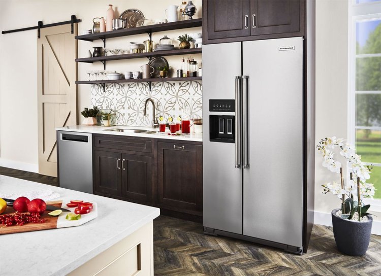 Large image of KitchenAid ADA 22.6 Cu. Ft. PrintShield Stainless Steel Counter-Depth Side-By-Side Refrigerator With Exterior Ice And Water Dispenser