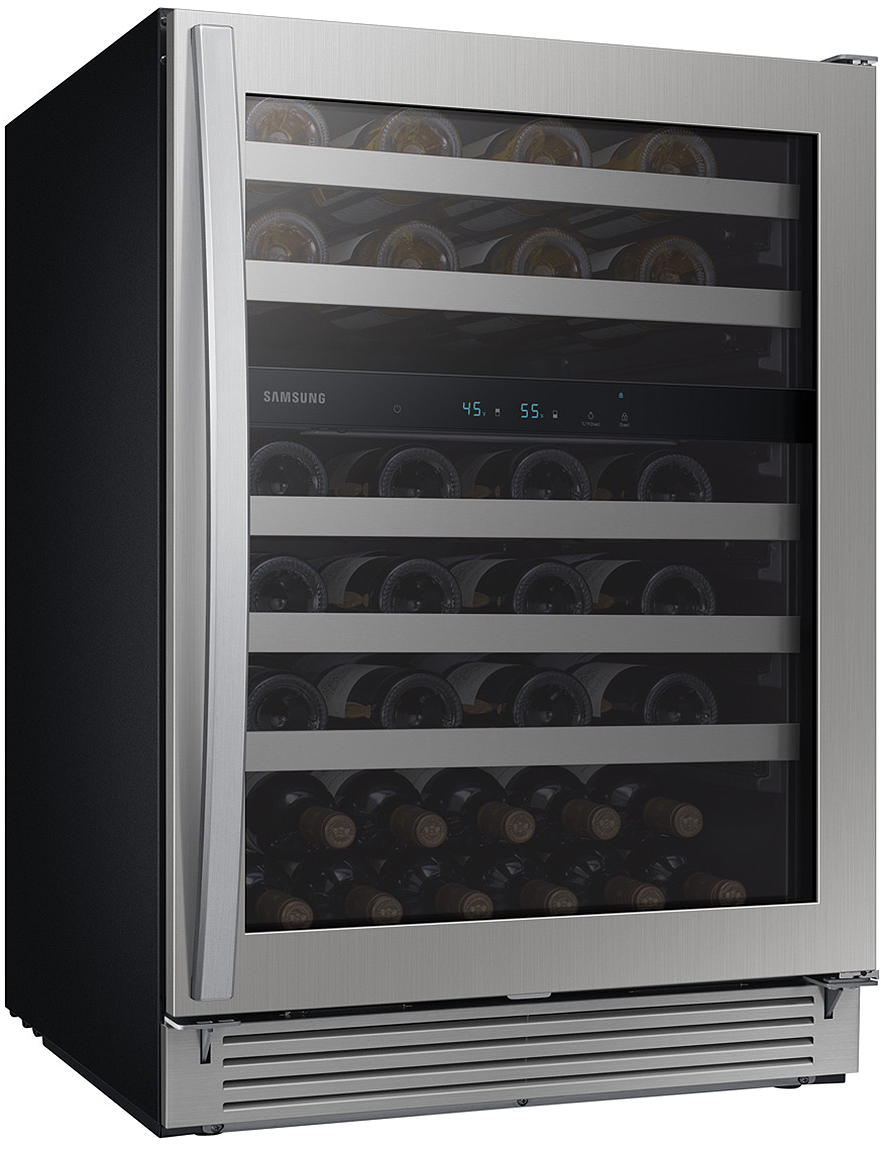 Left-angle view of cooler with door closed and wine bottles inside.