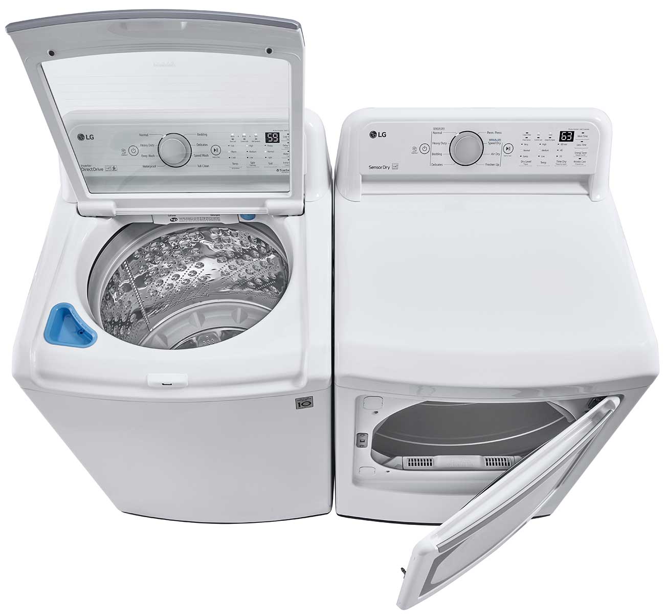 LG 5 Cu. Ft. Top Load Washer WT7150CW from the Top next to a LG Dryer
