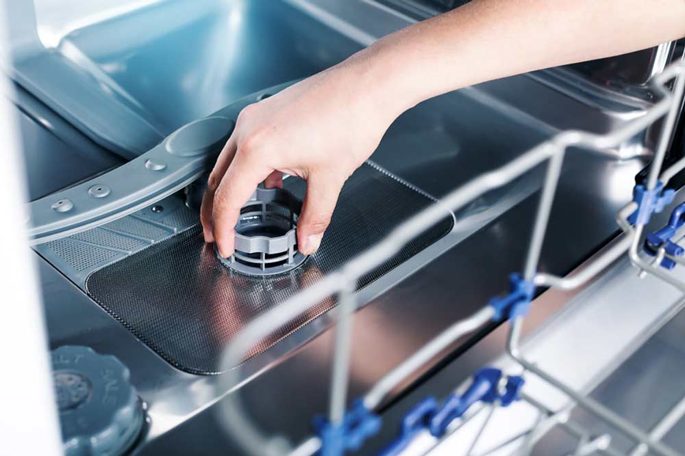 Person removing a dishwasher filter