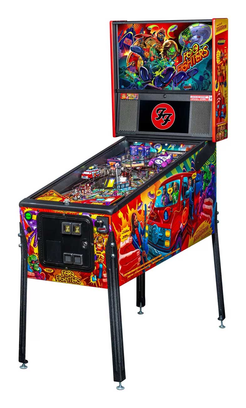 Angled front view of pinball machine in foo fighters theme