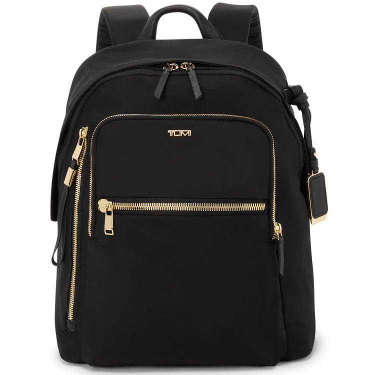 tumi backpack gold zippers Voyageur Montana Exterior Features This backpack has a double zip entry to main compartment leather top handle two front U Celina Backpack - Black/Gold