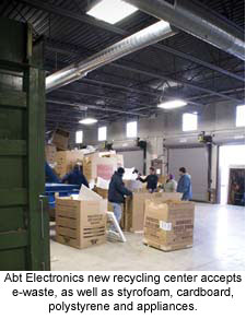Abt Electronics new recycling center accepts e-waste, as well as styrofoam, cardboard, polystyrene and appliances.
