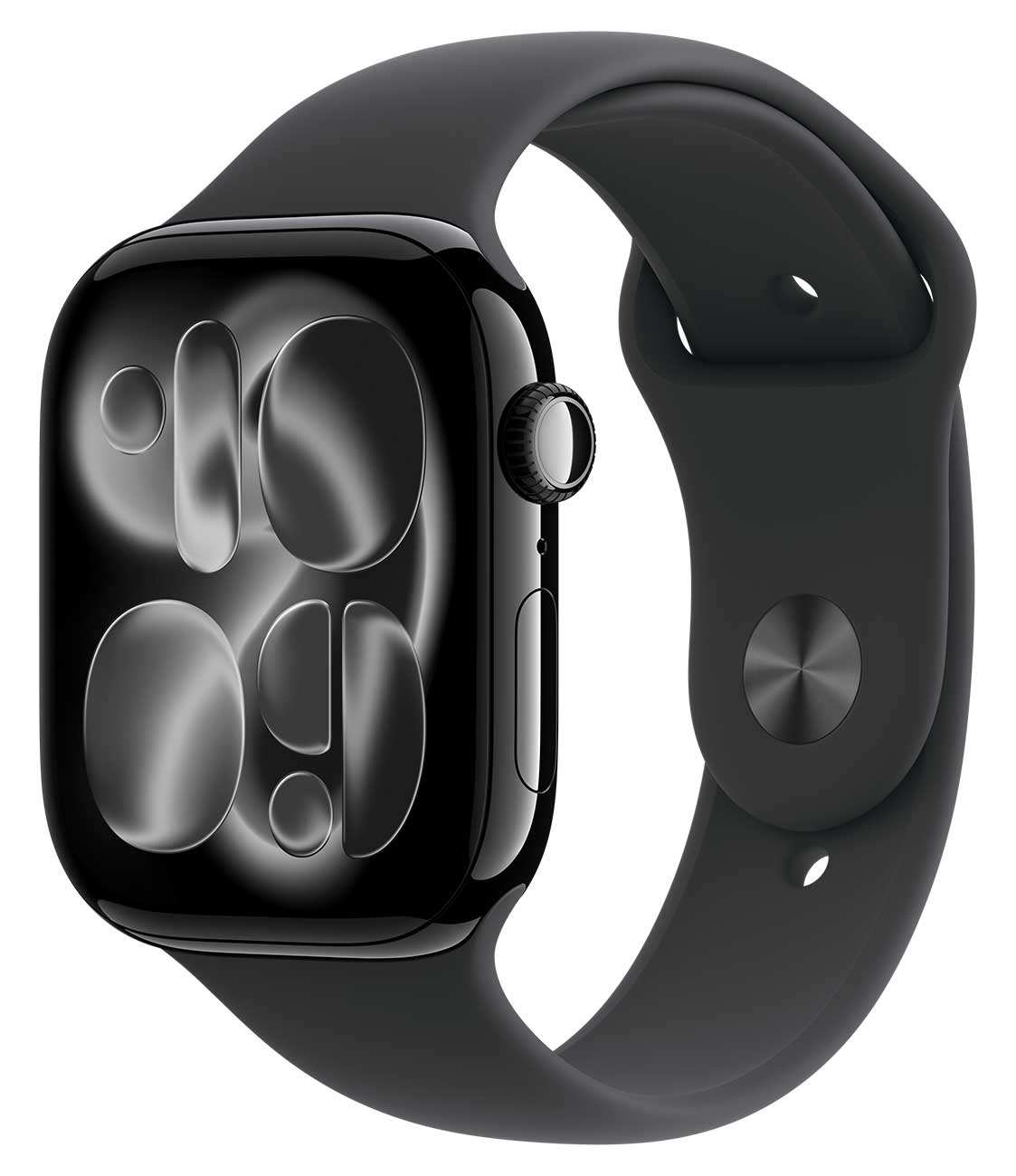 Front Angled view of Apple Watch Series 11 GPS & Cellular 46mm Black Aluminum Case with Black Sport Band