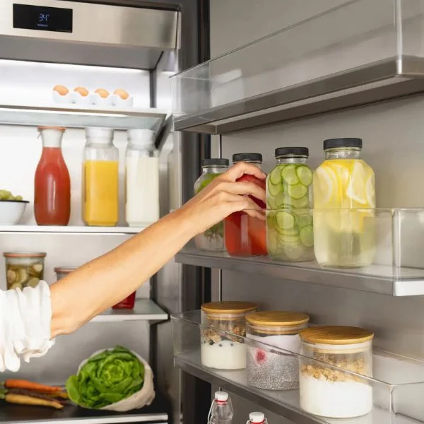 Person grabbing a jar from the door of an SKS refrigerator.