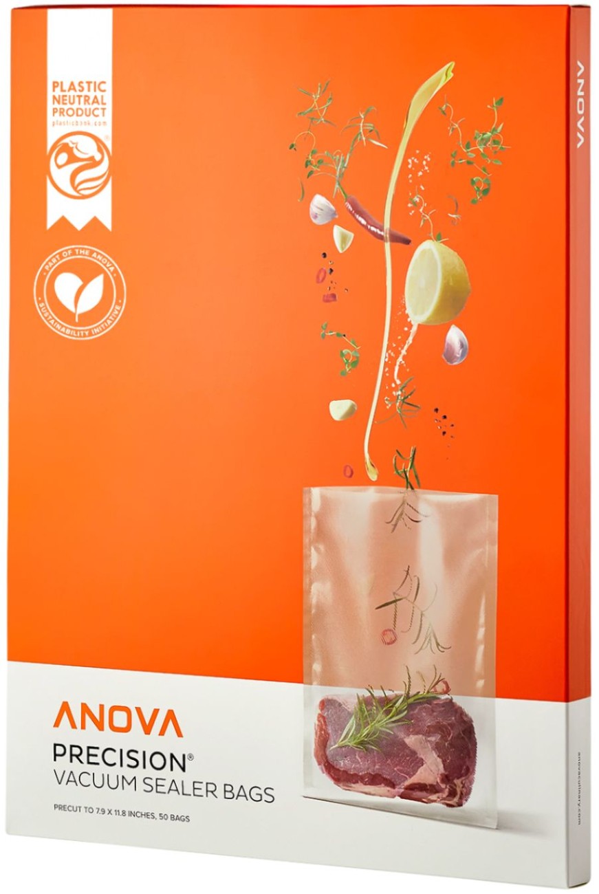 Angled image of Anova Precision Vacuum Sealer Bags 50-Pack showing box