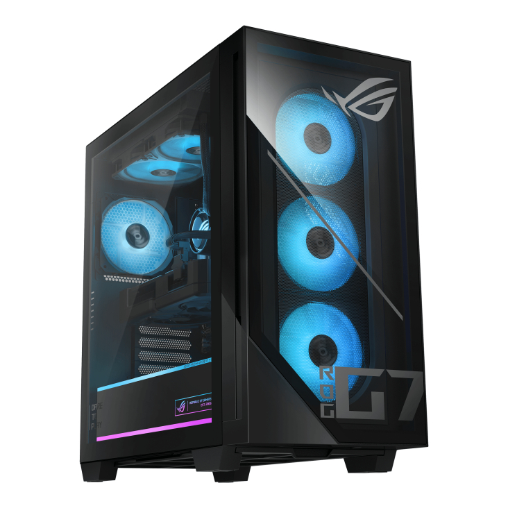 ASUS Gaming PC in black with glass panels and RGB lighting accents.