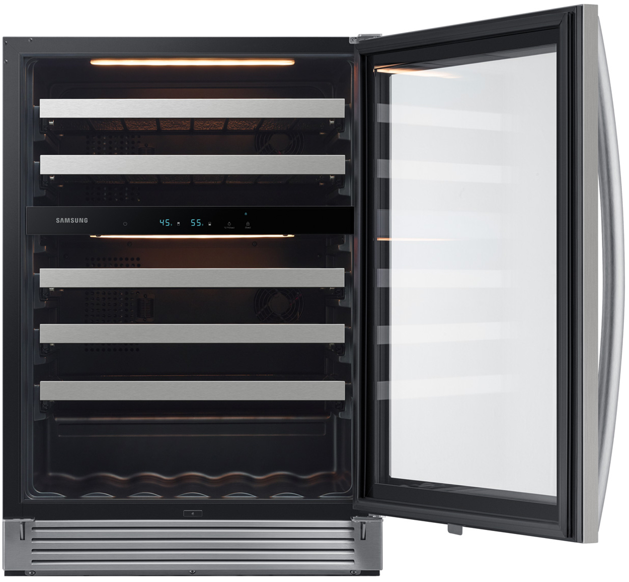 Front of cooler with door open and only racks inside.