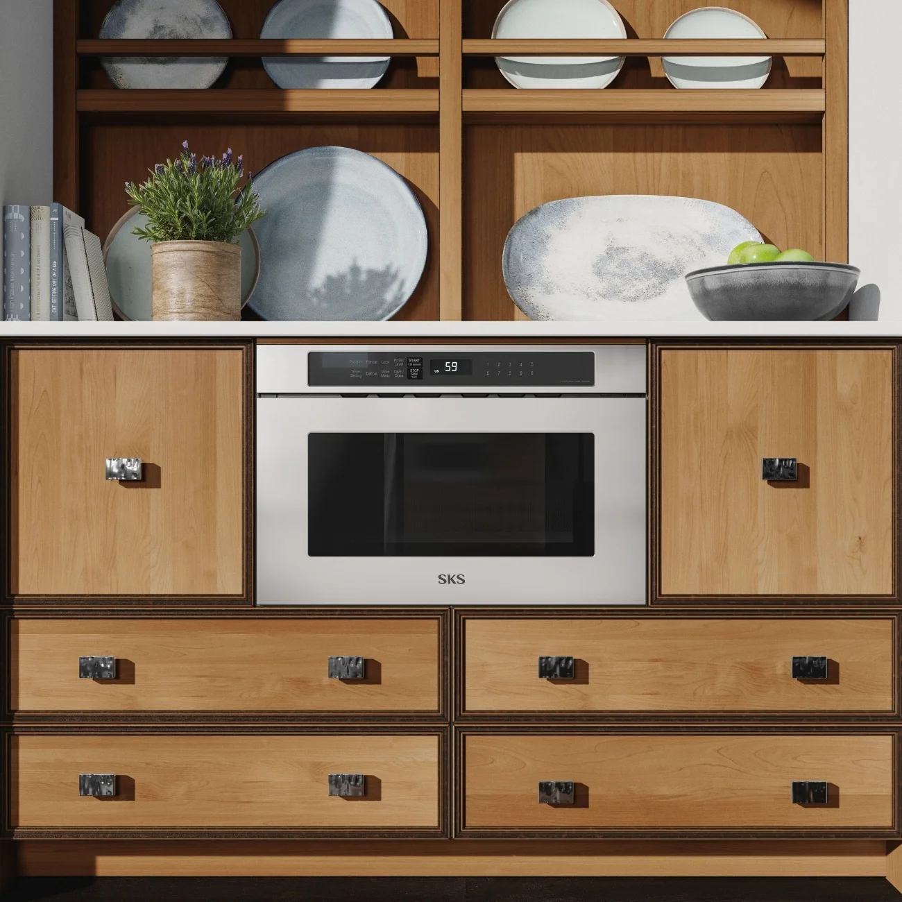 SKS microwave built into wood kitchen cabinetry