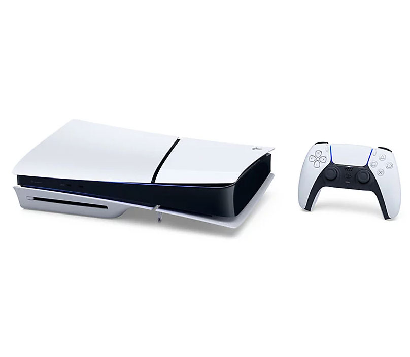 Front Left View of Sony PlayStation 5 PS5  in Ladnscape with DualSense Controller